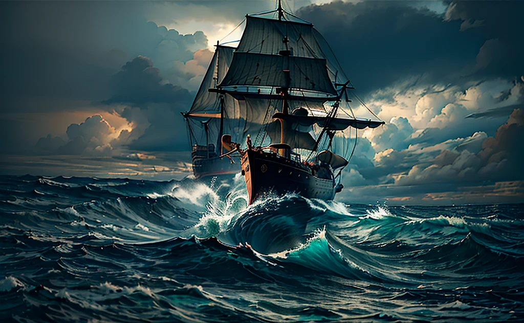 A ship riding the wind and waves in the sea, stormy sea, strong visual impact, grand perspective, dark clouds, thunderbolt lightning, (masterpiece, top quality, best, official art, beauty and aesthetics: 1.2),