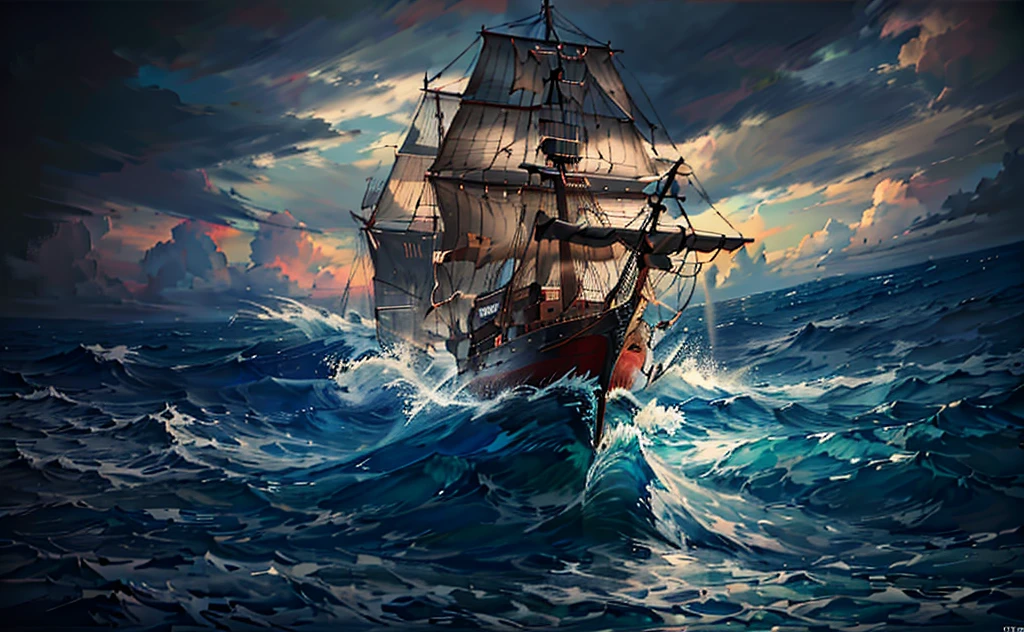 A ship riding the wind and waves in the sea, stormy sea, strong visual impact, grand perspective, dark clouds, thunderbolt lightning, (masterpiece, top quality, best, official art, beauty and aesthetics: 1.2),