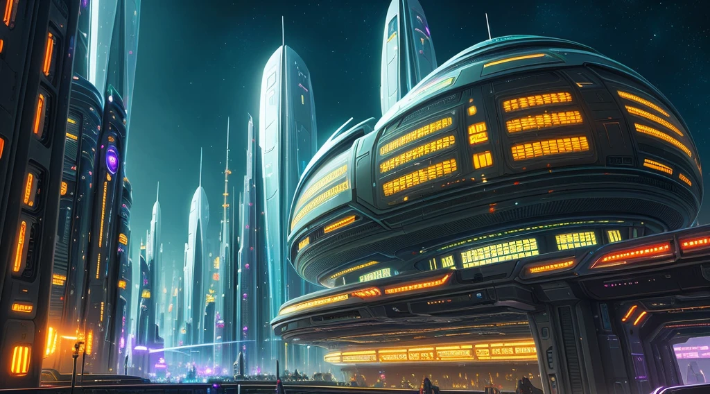 futuristic city with a lot of buildings and a lot of lights, detailed sci-fi art, borne space library artwork, greg beeple, in fantasy sci - fi city, futuristic space port, scifi art, science fiction city, science fiction art, award winning scifi art, huge futuristic temple city, sci-fi digital art, sci fi artwork
