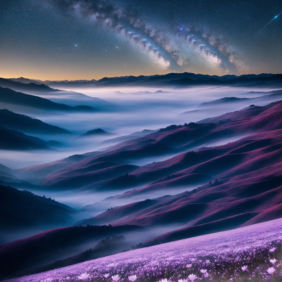 A breathtaking view of a valley filled with delicate and ethereal ghost flowers, their petals glowing in the mist that blankets the night. The soft light of the Milky Way illuminates the scene, creating a surreal and magical atmosphere.