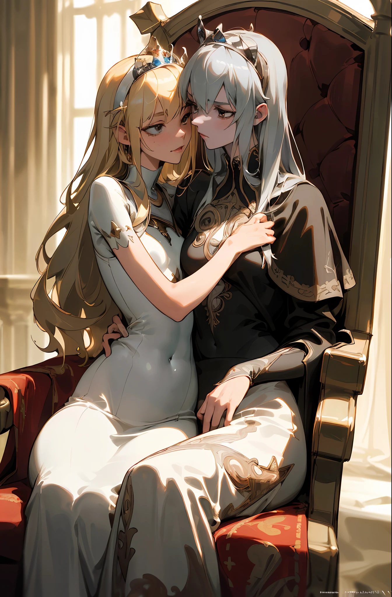 Best image quality, high resolution, 8K, realistic depiction in every detail, photorealism, two women, glamorous female pope and slender princess knight sitting on a throne and hugging each other, (plump body pope, 30 years old, bewitching, long blonde hair, glossy skin, detailed description, glamorous, luxurious toga with embroidery, lust), (slender, princess knight, 18 years old, small breasts, abs, full proportions, neat face, Silver-haired, short, sharp-eyed, breastplateless, with baskets), (partial skin exposure: 1.5), beautiful face drawn in detail