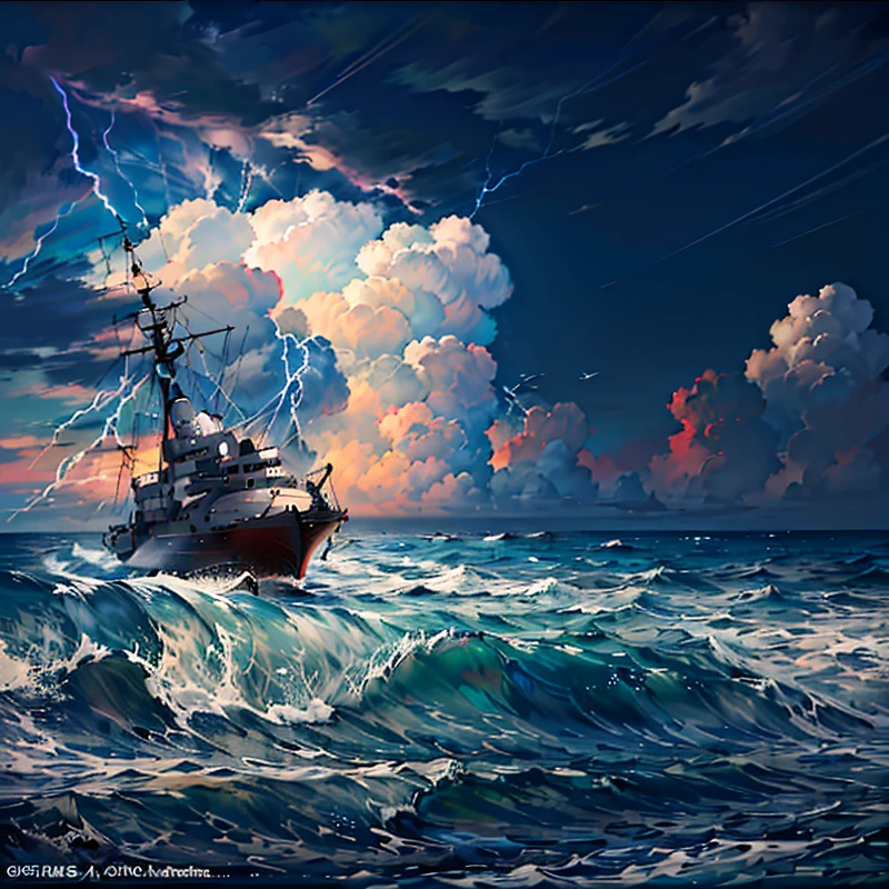 20/2000
A ship riding the wind and waves in the sea, stormy sea, strong visual impact, grand perspective, dark clouds, thunderbolt lightning, (masterpiece, top quality, best, official art, beauty and aesthetics: 1.2),