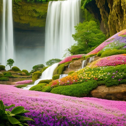 anthill made with a cave , field of flowers, waterfalls, dreamy aesthetic