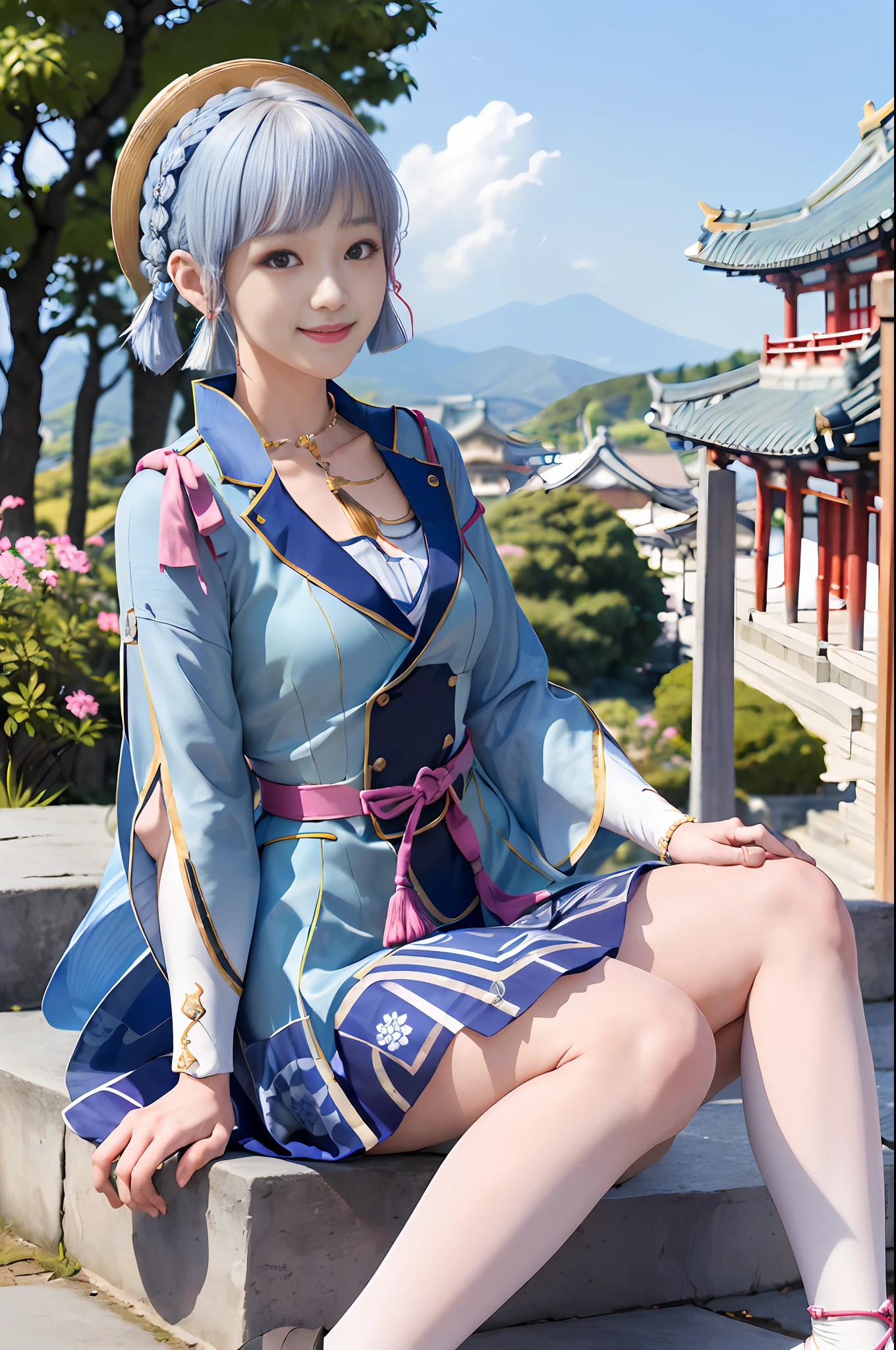 Kamisato Ayakabom, full body, sit, smile, blush, outdoor, daytime, simple background, blue sky, short hair, sky, temple, looking at the viewer, sitting on the stairs of the mountain, capricious lights, silver color, crunchy woman, korean woman,