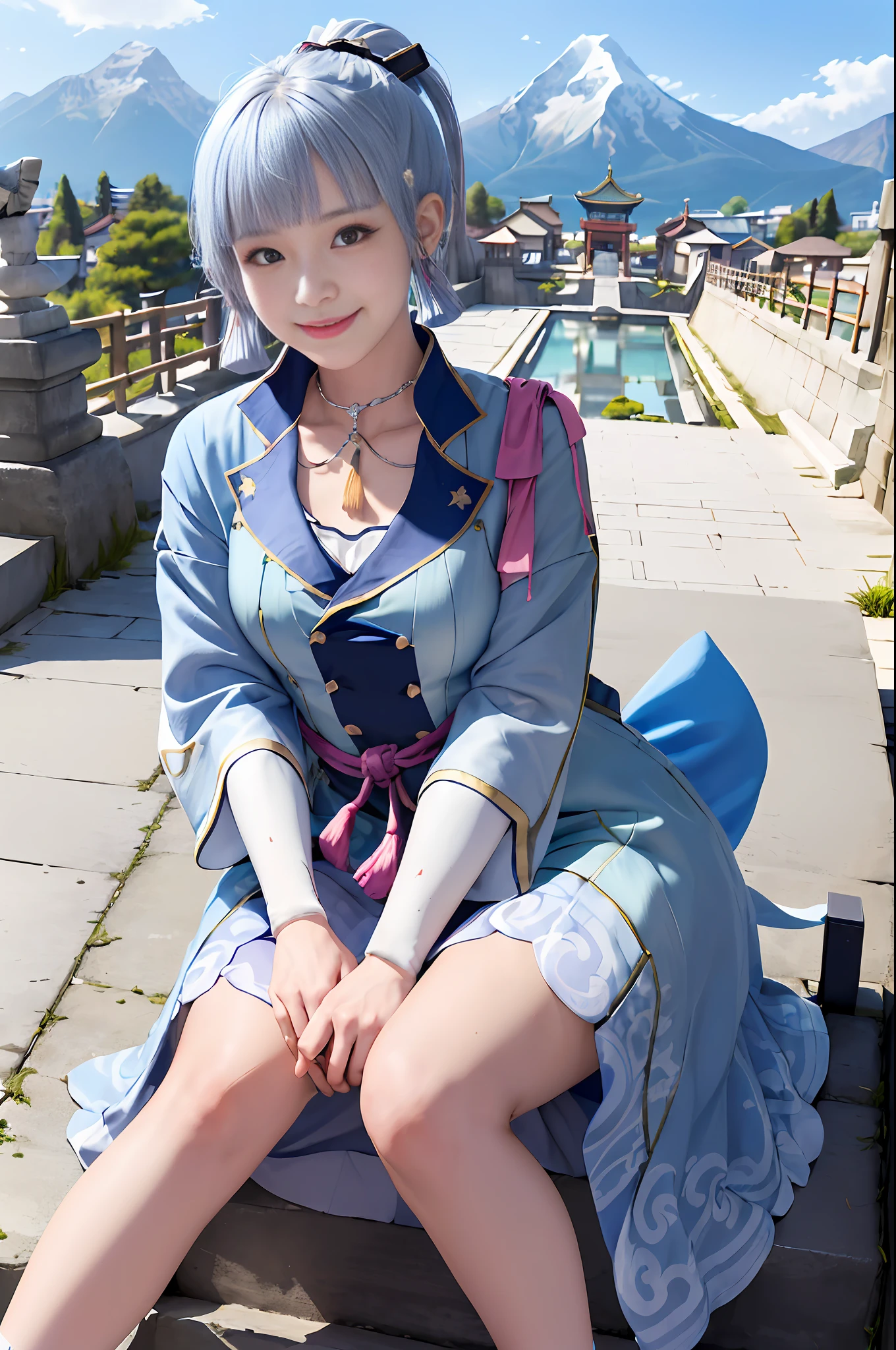 Kamisato ayakabom, whole body, sit, smile, blush, outdoor, daytime, simple background, blue sky, short hair, sky, temple, looking at viewers, mountains sitting on stairs, capricious lights, silver shapes, smiling woman,