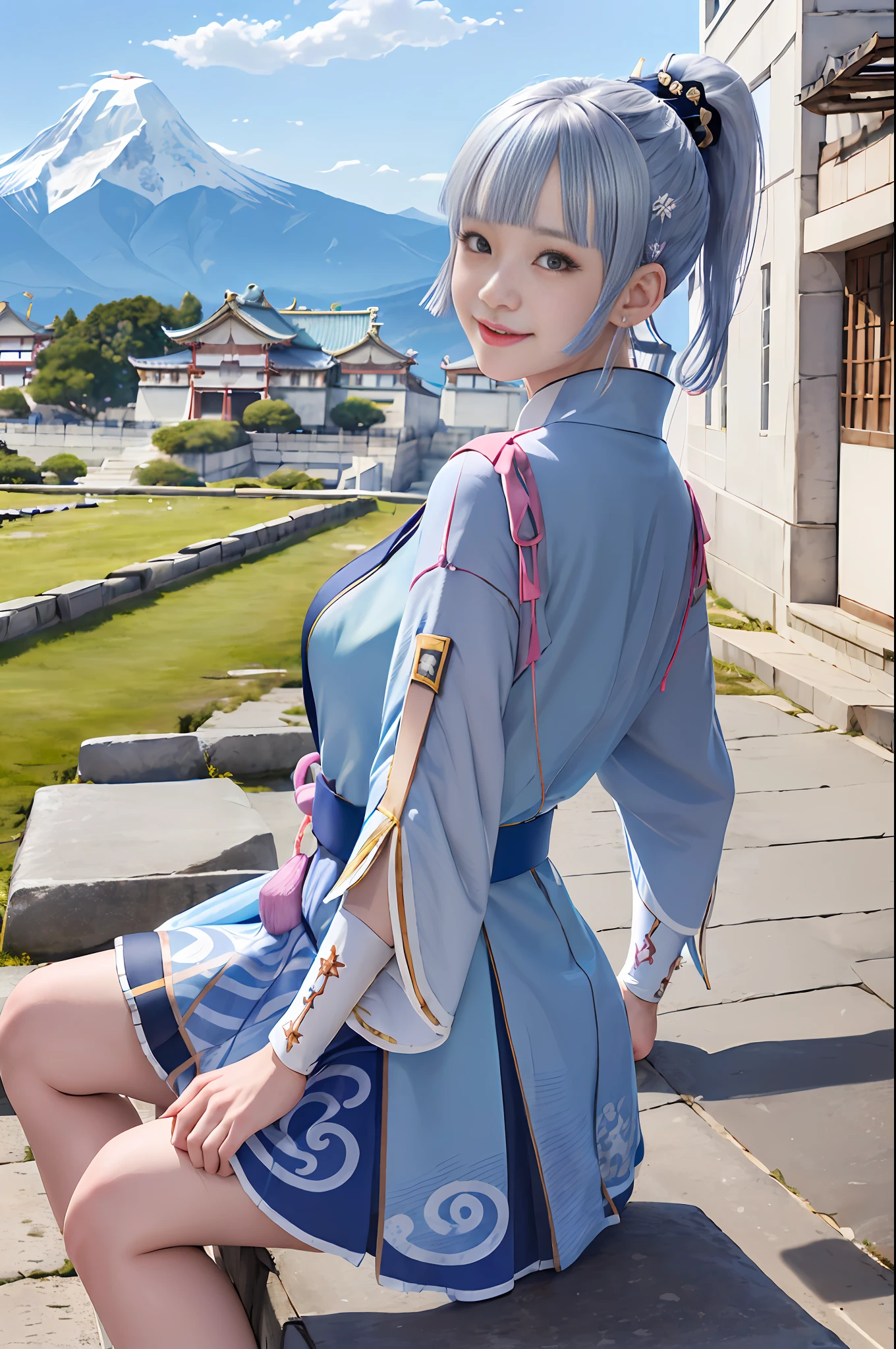 Kamisato ayakabom, whole body, sit, smile, blush, outdoor, daytime, simple background, blue sky, short hair, sky, temple, looking at the viewer, mountains sitting on the stairs, capricious lights, silver shapes, squeaky woman,