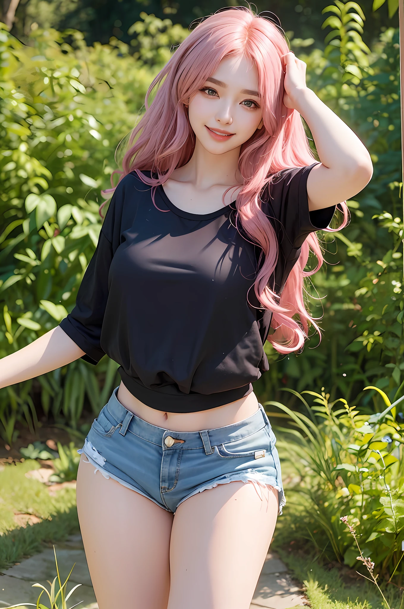 realistic, ultra hd, 1girl, pink wavy hair, korean, green eyes, thick eyebrows, delicate makeup, shirt, black denim shorts, stockings, small waist, thighs, outdoors, smile