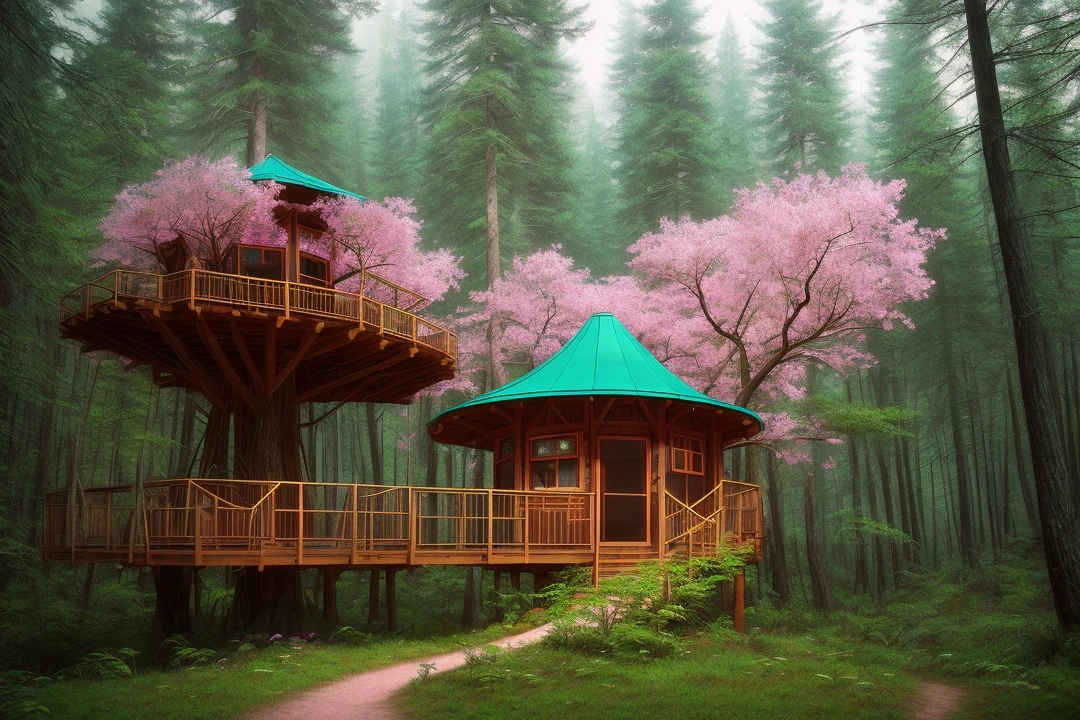 color fungalic treehouse in a forest at night, by pascal campion. dramatic lighting and composition with bokeh lights through the trees highly detailed matte painting from scene of twin peaks ( 1 9 8 4 ) | shot on kodak portra 400 film!! : mamiya 7 / 2 6 0 mm lens ; sharp focus!!! photorealistic oil painted portrait - h 5anta flowers headdress macro closeup 3 d pink