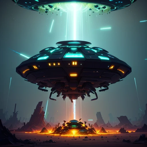 anthill made out of crashed futuristic ufo surrounded by glowing fragments