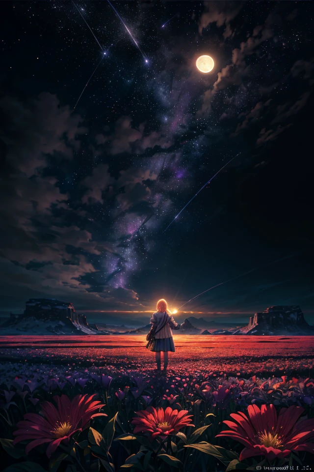 expansive landscape photography, (a bottom view showing the sky above and open country below), a girl standing in a field of flowers looking up, (full moon: 1.2), (shooting stars: 0.9), (nebula : 1.3), distant mountain, BREAK tree production art, (warm light source: 1.2), (Firefly: 1.2), lamp, lots of purple and orange, intricate details, volumetric lighting, BREAK realism (masterpiece: 1.2) , (best quality), 4k, ultra-detailed, (dynamic compositing: 1.4), highly detailed, colorful details, (iridescent colors: 1.2), (bright lighting, atmospheric lighting), dreamy, magical, (solo: 1.2)