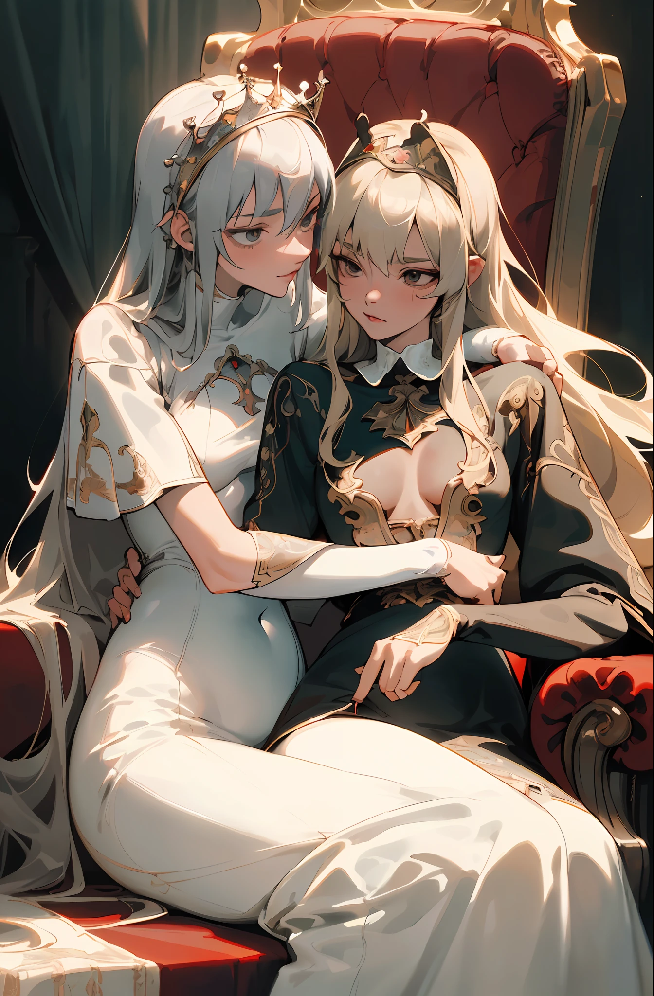 Best image quality, high resolution, 8K, realistic depiction in every detail, photorealism, two women, glamorous female pope and slender princess knight sitting on a throne and hugging each other, (plump body pope, 30 years old, bewitching, long blonde hair, glossy skin, detailed description, glamorous, luxurious toga with embroidery, lust), (slender, princess knight, 18 years old, small breasts, abs, full proportions, neat face, Silver-haired, short, sharp-eyed, breastplateless, with baskets), (partial skin exposure: 1.5), beautiful face drawn in detail