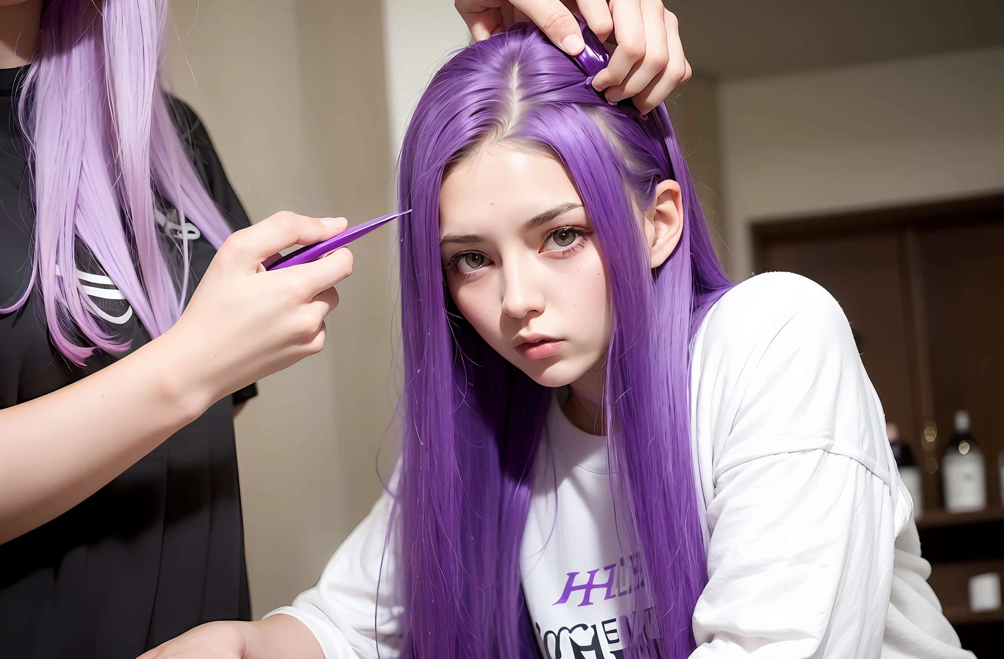 araffes with purple hair is getting her hair done, hair coloring, purple highlights, purple streaks in hair, violet hair, ultra violet highlights, flowing purple hair, purple hair, long violet hair, lavender hair, purple long hair, violet long hair, two color hair, lilac hair, light iridescent hair color, violet color, dye hair, long purple hair