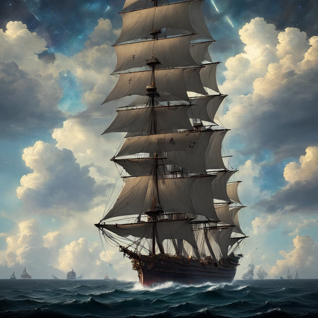 (((8k, RAW photo, Best Quality, Masterpiece: 1.4))), Ultra High Resolution, Ultra Detailed, Illustration, Close Up, Environment Only, (Huge Ship Flying in the Clouds), Huge Sail, (Pirate Ship) , skull flag, dilapidated, battle damaged, desolate, starry sky, future, imagination, outdoors, starry