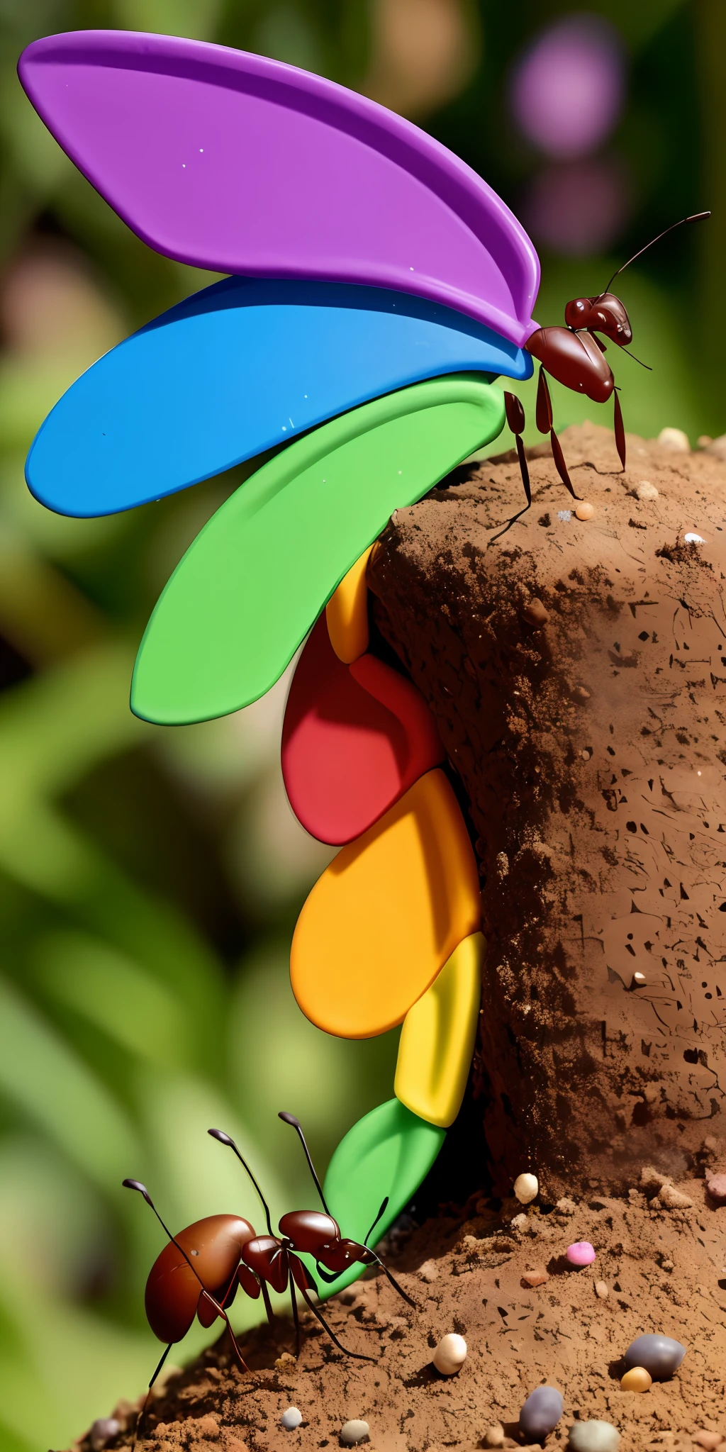 Ant hill with a horn and wings and a rainbow in colour. Many insects and ants around it