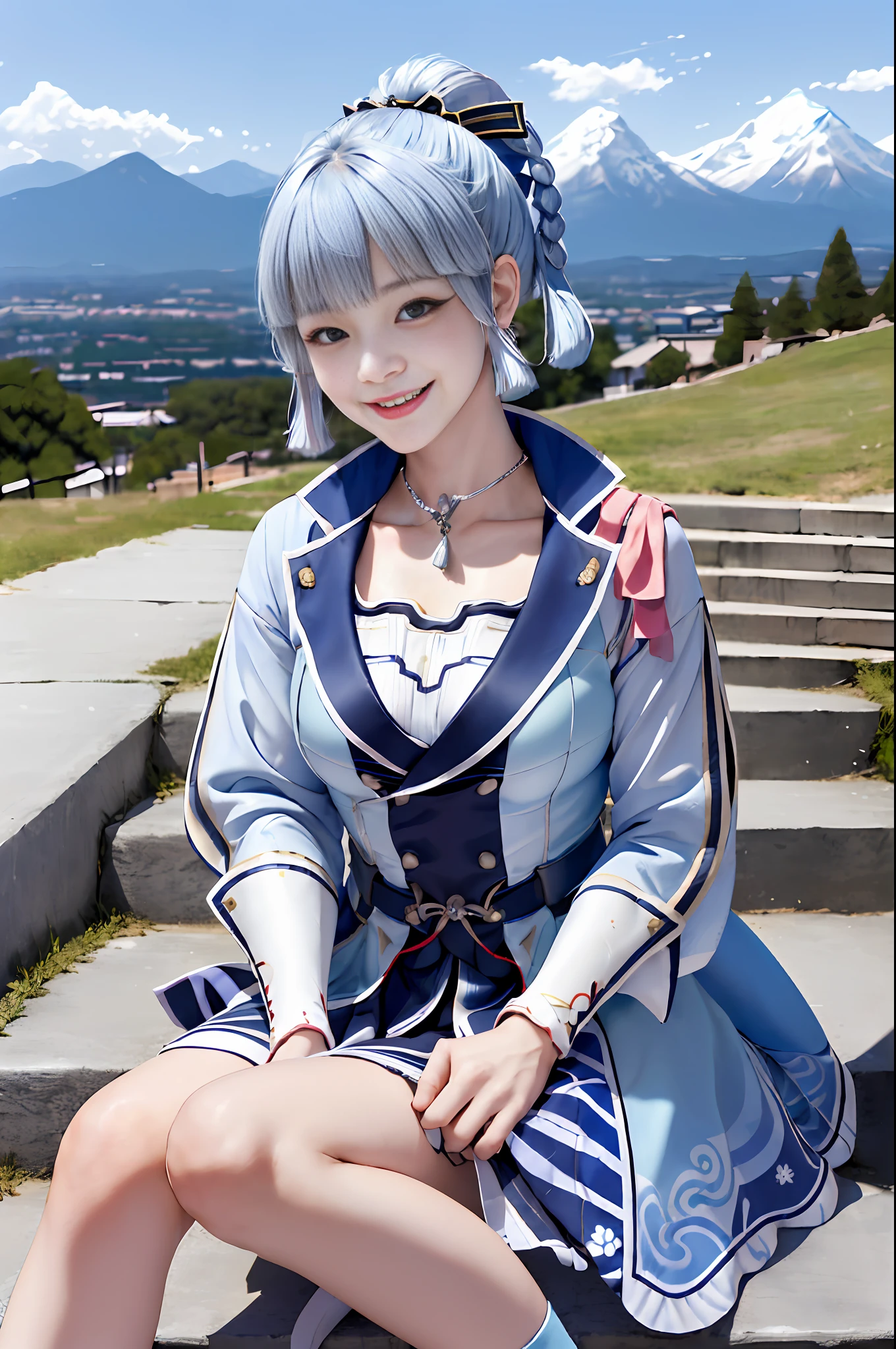 Kamisato ayakabom, whole body, sit, smile, blush, outdoor, daytime, simple background, blue sky, short hair, sky, temple, looking at the viewer, mountains sitting on the stairs, capricious lights, silver shapes, squeaky woman,