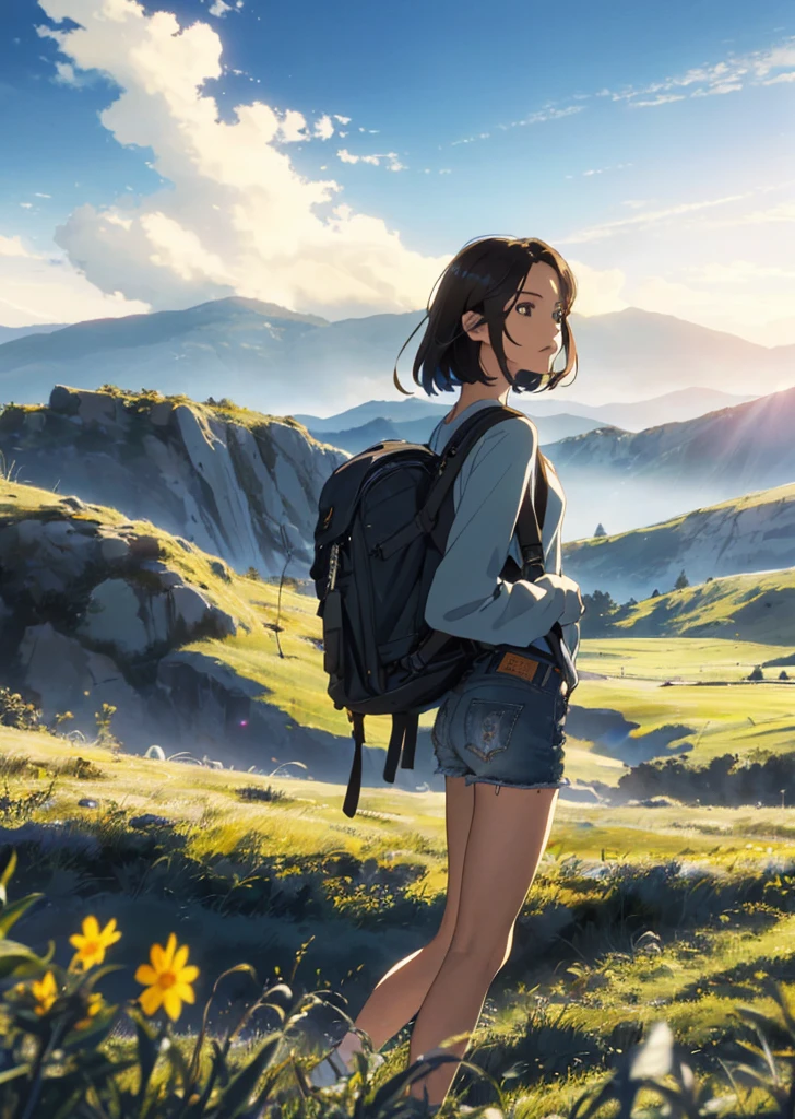 (beautiful and magnificent skyline, majestic sky), (extremely tense and dramatic pictures, moving visual effects), (high hanging Polaris, colorful natural light), (1girl), (long-sleeved top, denim shorts, carrying a backpack), (dynamic pose:1.3, black eyes, black hime-cut hair, sparkling girl)[:0.8], (large grassland), (oncoming breeze), (brown hair and background Coordination effect: 1.2), (close shot, long shot mix and match)[::0.9]