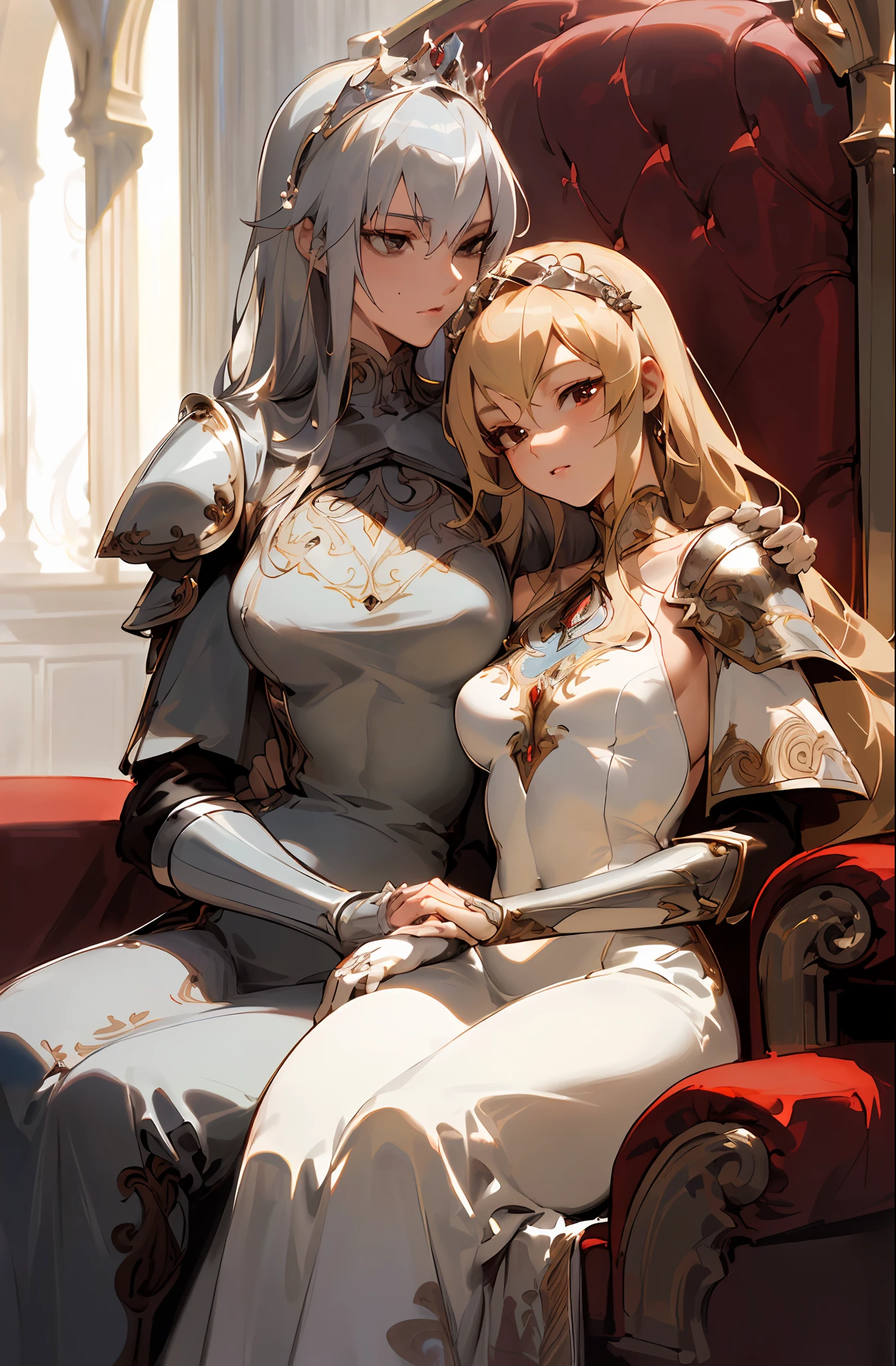 Best image quality, high resolution, 8K, realistic depiction in every detail, photorealism, two women, glamorous pope and slender princess knight sitting on a throne and hugging each other, (plump body pope, 30 years old, bewitching, long blonde hair, shiny skin, detailed description, large breasts, glamorous, luxurious crimson dress with embroidery, lust), (slender, princess knight, metal armor, shoulder rest, 18 years old, small breasts, abs, Perfectly proportioned, neat face, silver hair, short, sharp eyes, chest exposed, basket hands), (partial skin exposure: 1.5), beautiful face drawn in detail