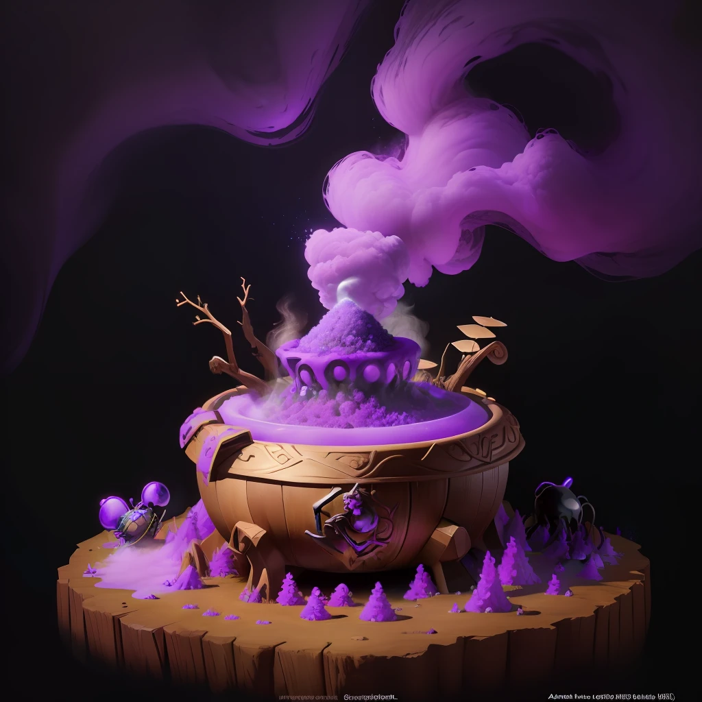 anthill made from witch cauldron with bubbling purple potion and wispy smoke surrounding it and a few ants scattered about