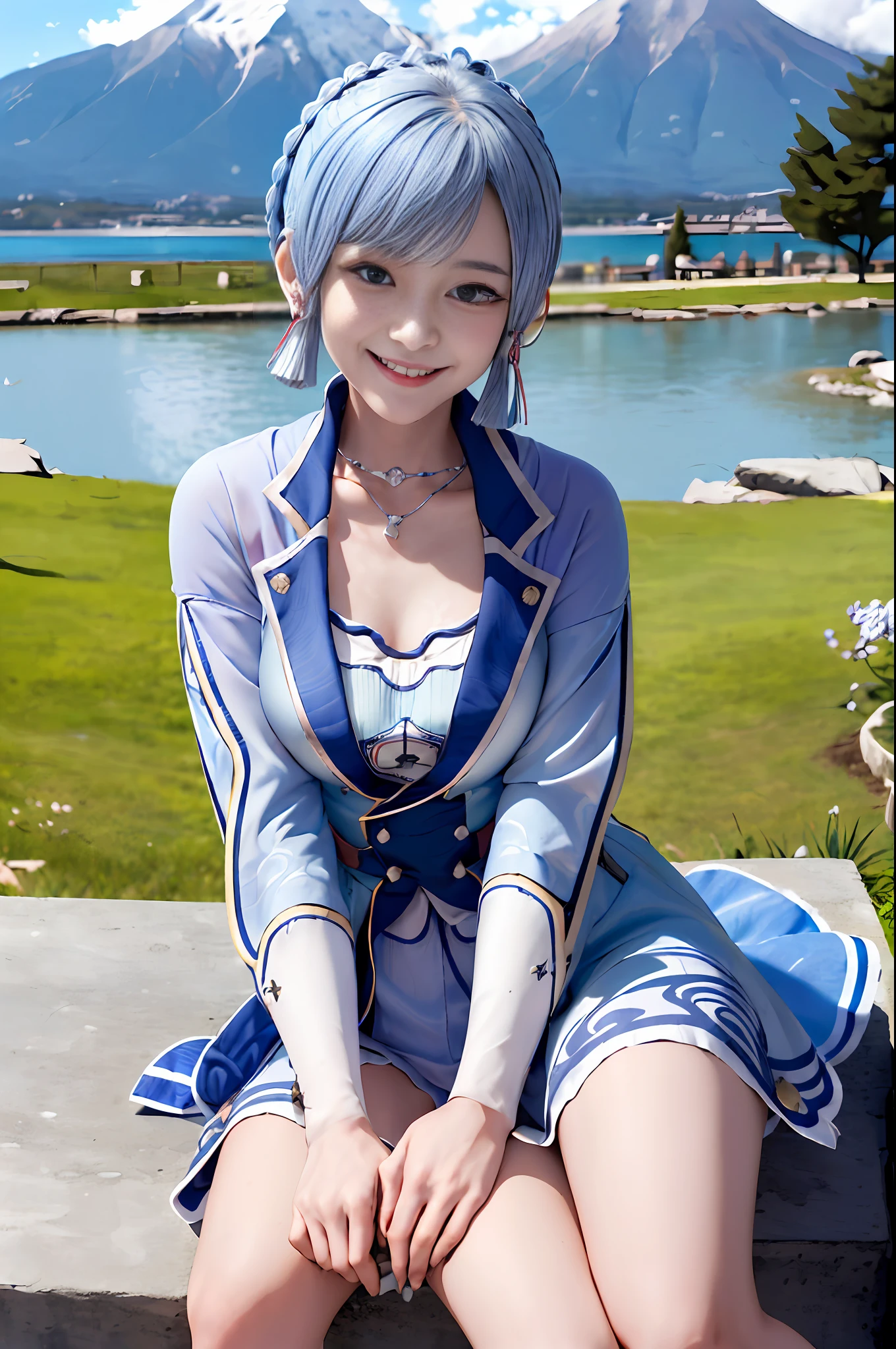 Kamisato ayakabom, whole body, sit, smile, blush, outdoor, daytime, simple background, blue sky, short hair, sky, temple, looking at the viewer, mountains sitting on the stairs, capricious lights, silver shapes, squeaky woman,