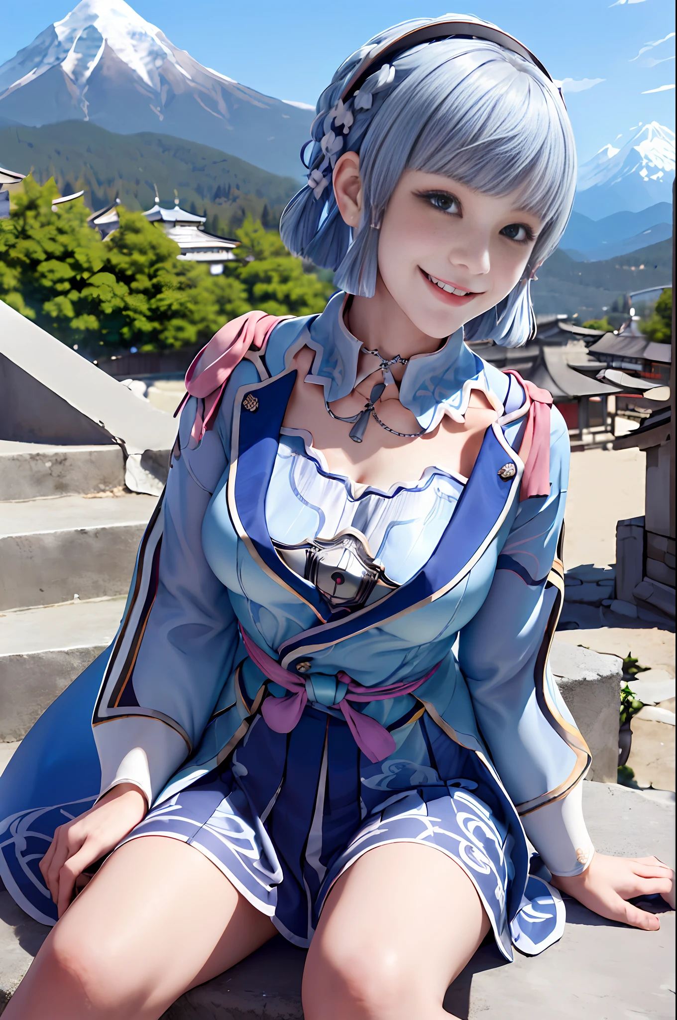 Kamisato ayakabom, whole body, sit, smile, blush, outdoor, daytime, simple background, blue sky, short hair, sky, temple, looking at the viewer, mountains sitting on the stairs, capricious lights, silver shapes, squeaky woman,