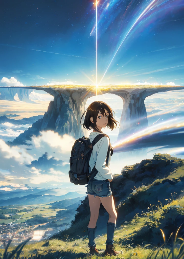 (beautiful and magnificent skyline, majestic sky), (extremely tense and dramatic pictures, moving visual effects), (high hanging Polaris, colorful natural light), (1girl), (long-sleeved top, denim shorts, carrying a backpack), (dynamic pose:1.3, black eyes, black hime-cut hair, sparkling girl)[:0.8], (large grassland), (oncoming breeze), (brown hair and background Coordination effect: 1.2), (close shot, long shot mix and match)[::0.9]