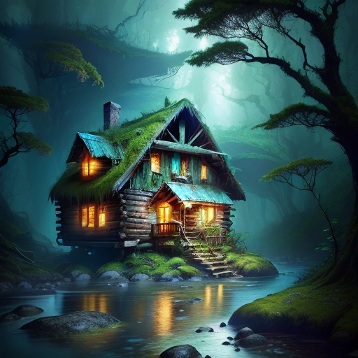 An enchanted forest, decrepit cabin on a rocky bank, abandoned, overgrown, mossy, clear river, lush, mystical, fantasy, anthill