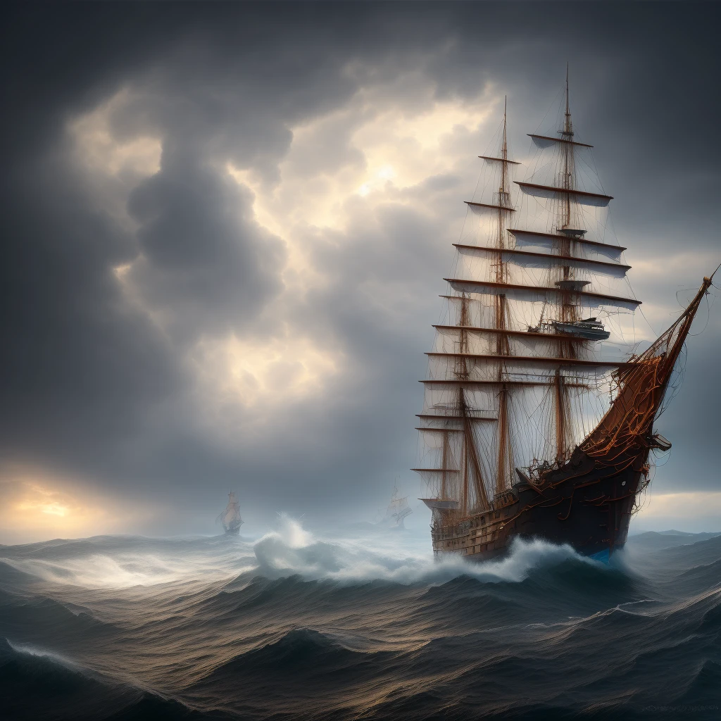 (highly detailed:1.2),(best quality:1.2),(8k:1.0),(emb-rrf-low:1.0),sharp focus,(award-winning photograph:1.2), (subsurface scattering:1.1), Detailed sailing ship in a stormy sea, illustrated by oliver hoiberg and john howe, bright colors, hyperrealistic textures and lighting, cinematic atmosphere, trending on artstation, 3D render with photorealistic elements, perfect composition and dynamic movement.
