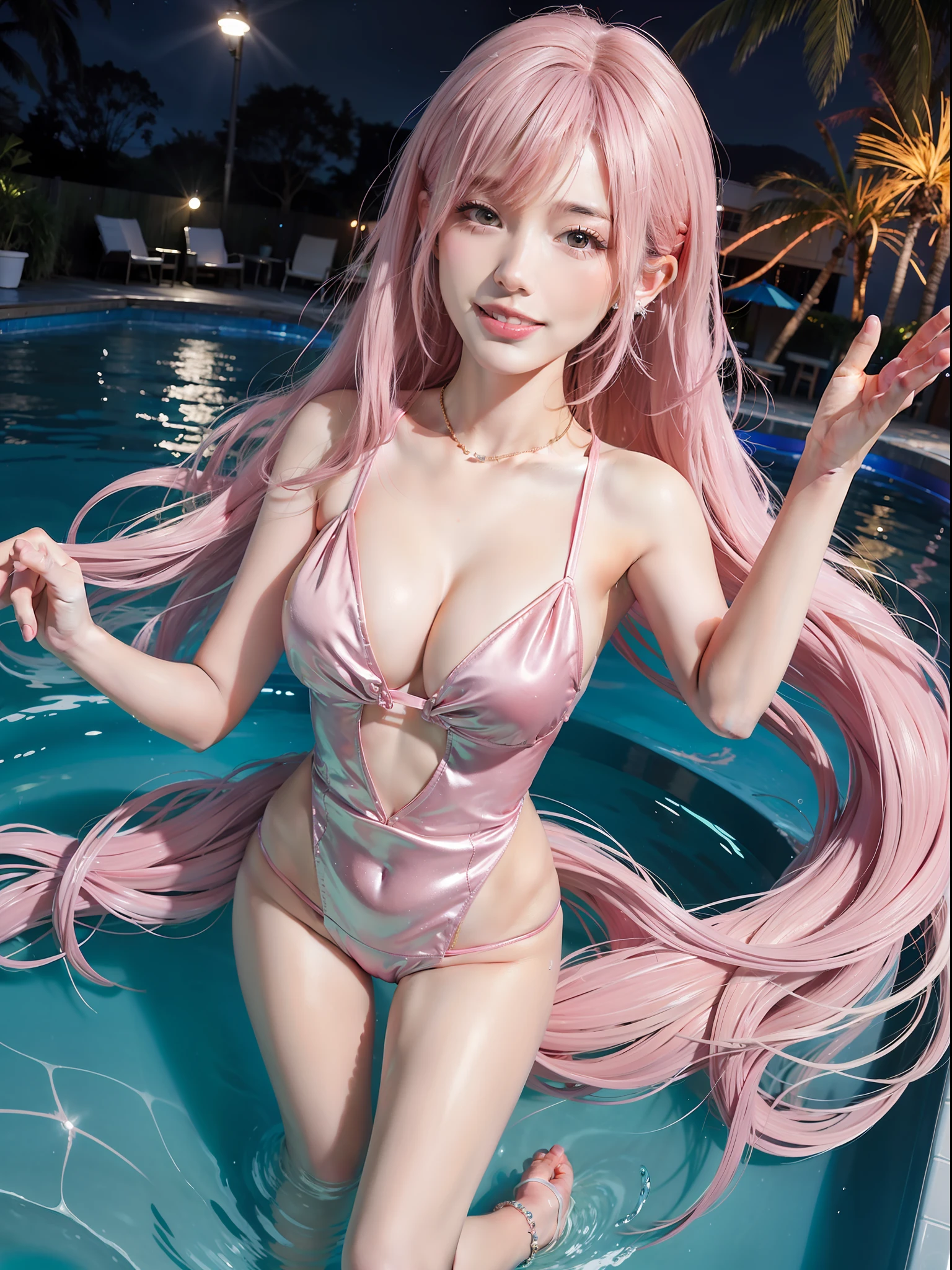 Night pool, lit up Disco Full body Double eyelids beautiful pale pink slim figure smile glitter fluffy water splash white teeth multiplayer party