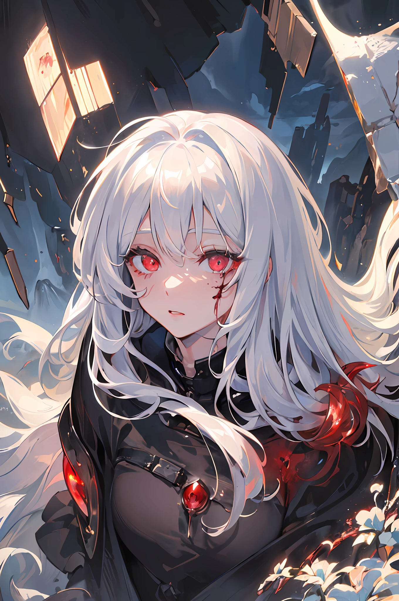 (((masterpiece))), ((eye detail)), ((face detail)), ((delicate feature)), ((best quality)), ((best artist)), ((ultra detailed landscape)), ((perfectly delicate physiognomy)), ((best illustration)), ((mountain landscape with clouds in the clear sky)), (1 girl) wearing robotic cyberpunk clothes, (((long white hair with fringes))), ((blood red eyes detailed)), in a lighting seen from above (((dark))), (neutral)), (almost no light in the scene), (((showing the detailing of the flickering eyes))) as if they were torches