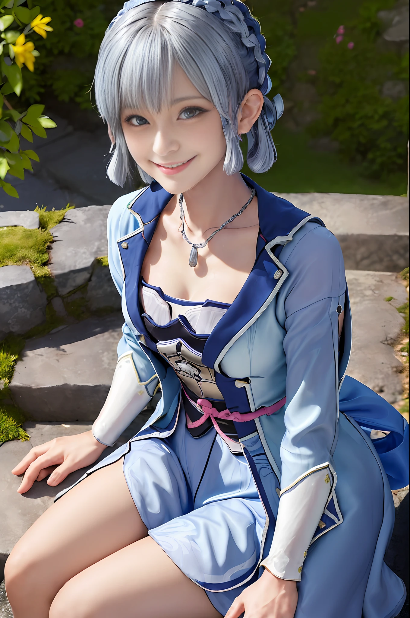 Kamisato ayakabom, whole body, sit, smile, blush, outdoor, daytime, simple background, blue sky, short hair, sky, temple, looking at the viewer, mountains sitting on the stairs, capricious lights, silver shapes, squeaky woman,