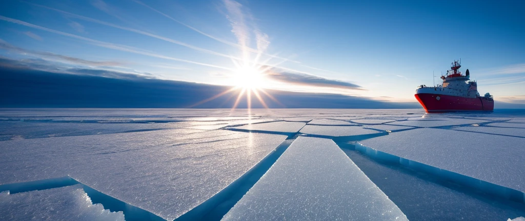 Breaking the ice, a powerful ((icebreaker)) pushing through the frozen landscape with determination, as the ice cracks and breaks under its might, (masterpiece), reflecyion, sun rays, RAW photography, higly detailed, award winning photography