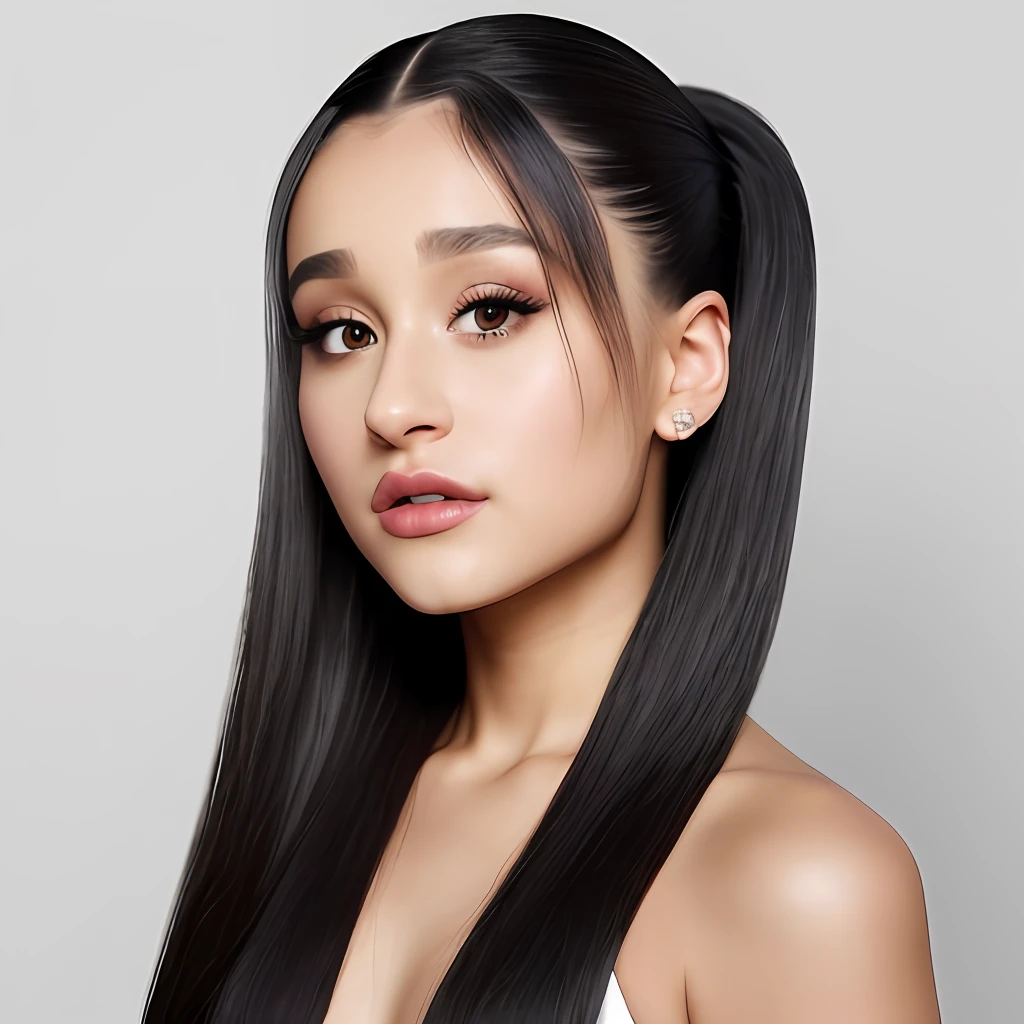 Ariana Grande, skull top high ponytail hairstyle, black hair, wearing black clothes, crimson lips, heavy makeup, front, head on one-third, stage lights, original simulation style, charming gaze, charming expression. The background should be neutral and simple, pay close attention to details such as highlights and shadows on his face and hair to create a realistic and realistic image. Try different lighting techniques to enhance the mood and atmosphere of your portrait. Highly detailed skin, skin detail, sharp focus, volumetric fog, 8k uhd, SLR, high quality, film grain, fujifilm XT3, (best quality: 1.4), (masterpiece: 1.4), (detail: 1.3), (gray background: 1.5, close-up: 1.5), (realism: 1.4), (best quality: 1.0), (ultra-high resolution: 1.0),
