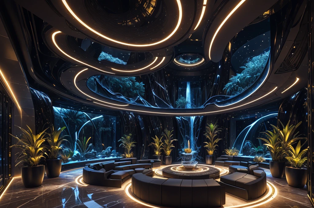 incredible black luxurious futuristic interior in Ancient Egyptian style with many (((lush plants))), ((beautiful flowers)), (lotus flowers), ((palm trees)), rocky walls, ((sand)), (egyptian hieroglyphs and ornaments), ((waterfalls)) (marble), ((precious minerals)), ((metals)), (gemstones), crystals, clouds and (water), (curvy futuristic furniture), crocodiles, (((ultra luxury))), (black marble) – with ((beautiful lights)), Unreal Engine, HQ, 16k