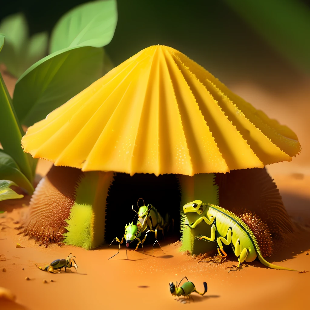 yellow anthill hut with ants rallying gecko