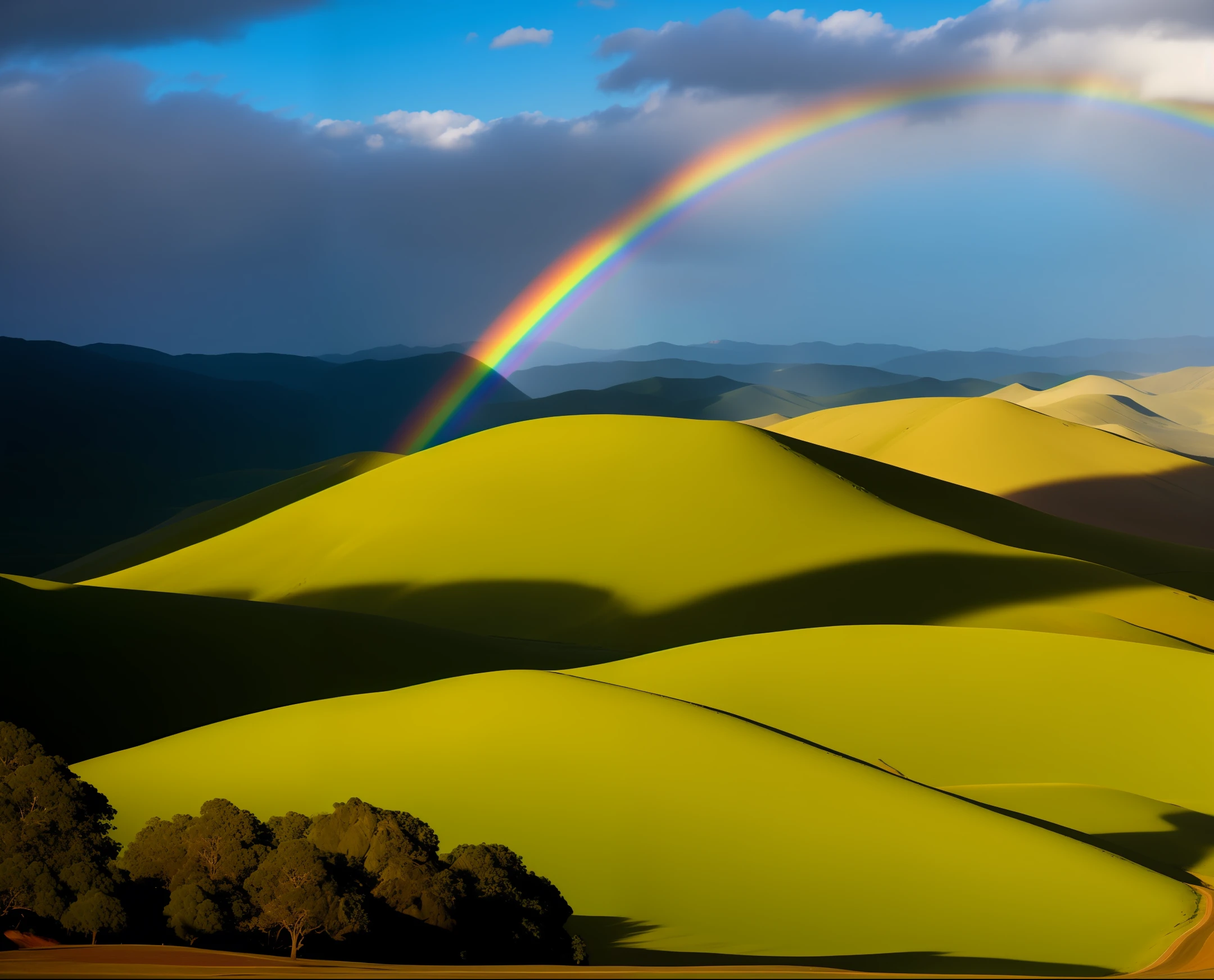 rainbow over a hill with a pot of gold