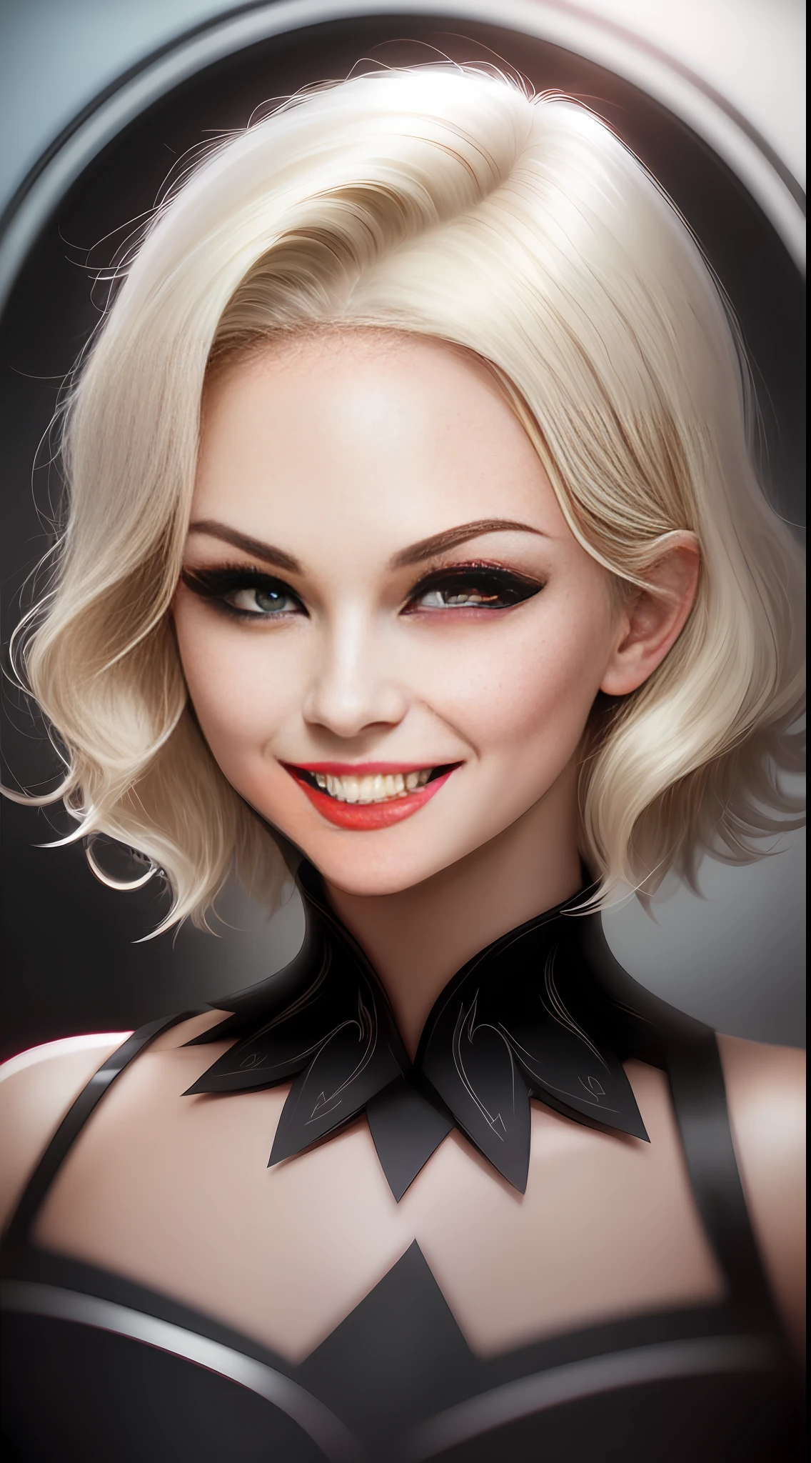 black hair, light smile, evil smile, licking lips, streaked hair, blonde hair, black hair, short hair, wavy hair, sidelocks, Surrealism, anaglyph, pov, depth of field, f/1.8, American propaganda poster, zoom layer, cinematic lighting, 8k, super detail, ccurate, best quality, 1080P