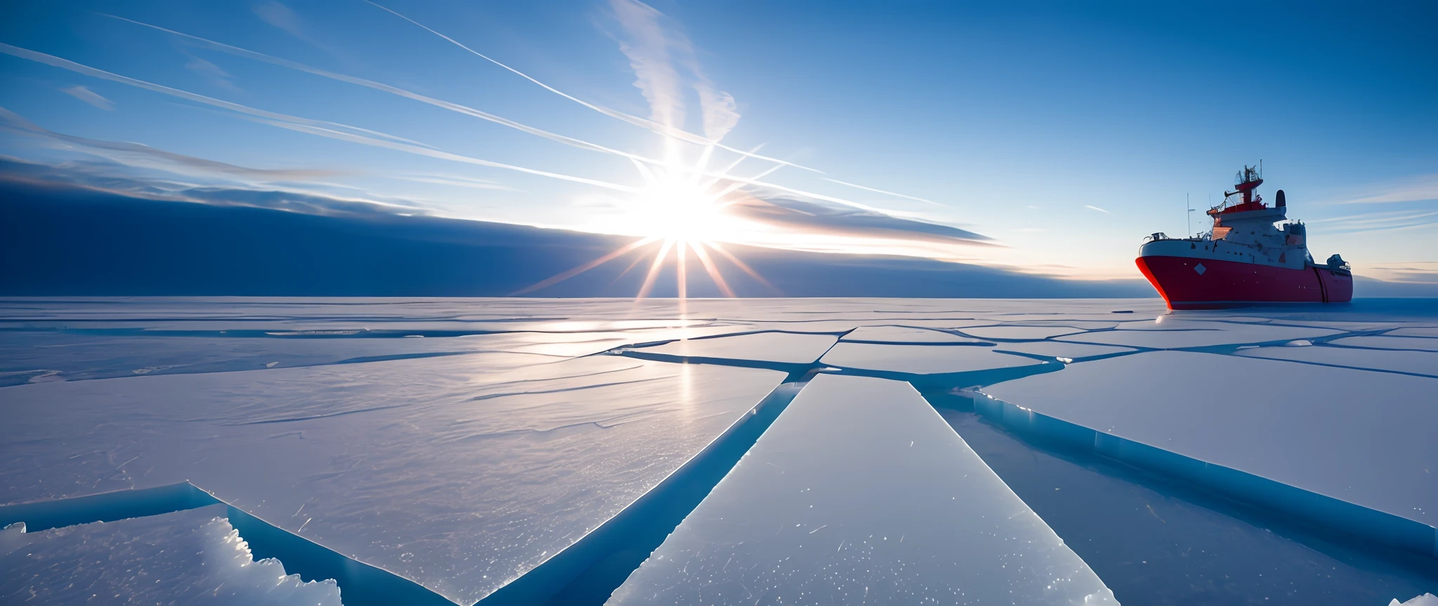 Breaking the ice, a powerful ((icebreaker)) pushing through the frozen landscape with determination, as the ice cracks and breaks under its might, (masterpiece), reflecyion, sun rays, RAW photography, higly detailed, award winning photography