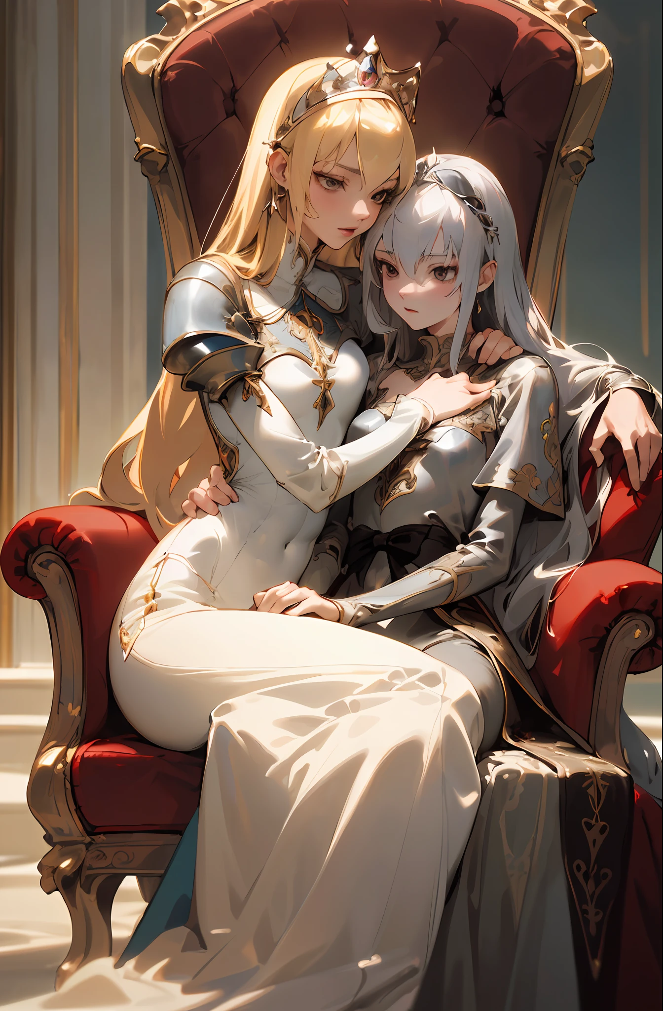Best image quality, high resolution, 8K, realistic depiction in every detail, photorealism, two women, glamorous female pope and slender princess knight sitting on a throne and hugging each other, (plump body pope, 30 years old, bewitching, long blonde hair, glossy skin, detailed description, glamorous, luxurious crimson dress with embroidery, lust), (slender, princess knight, 18 years old, small breasts, abs, full proportions, Neat face, silver hair, short, sharp eyes, no breastplate, with baskets), (partial skin exposure: 1.5), beautiful face drawn in detail