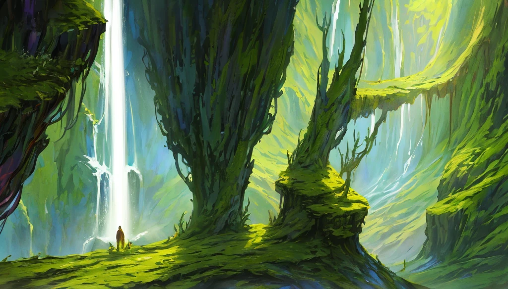 Conceptart,Concept Art,SamWho,mksks style, green moss, species, overlooking chasm, waterfall