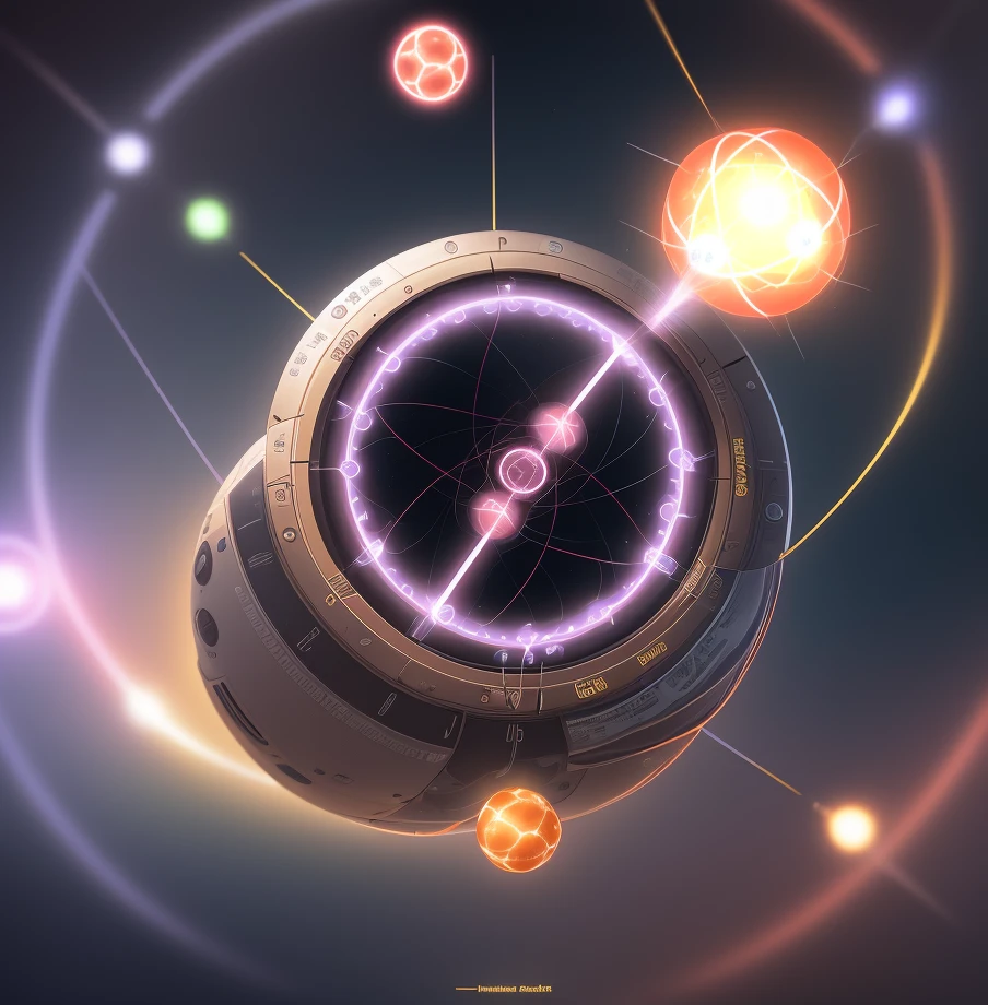 a waiting with a central nucleus, with orbitals around it, technological background, The nucleus contains protons and neutrons.