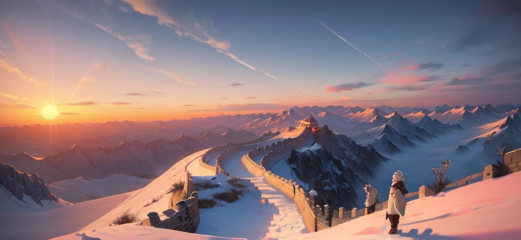 Official Art, Ancient China, Winter, Snow, (Ancient Great Wall), (Sunset), (Cooking Smoke), Lighting, Beautiful Landscape, Epic Landscape, Realistic Lighting, Masterpiece, High Quality, Beautiful Graphics, High Detail, Global Illumination, Unreal Engine Rendering, Octane Rendering, (HDR: 1.3)
