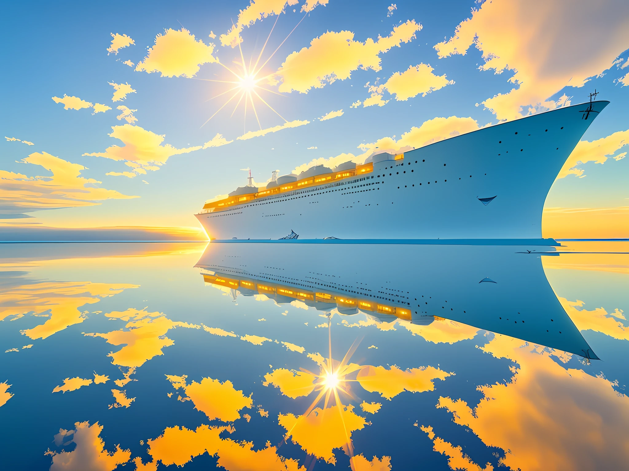 Infinite reflection of iceberg in crystal clear ocean on a sunny day. A massive icebreaker ship cruising across the waters with its surreal golden hue under the shining sun. A flock of seagulls soaring freely in the sky adds an extra layer of beauty to this magnificent scene
