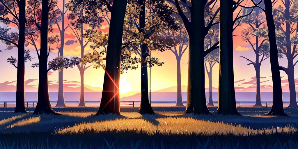 High quality sunset, wet ground covered in grass, giant ancient trees on two sides, light snow floating in the air, golden sky with stars