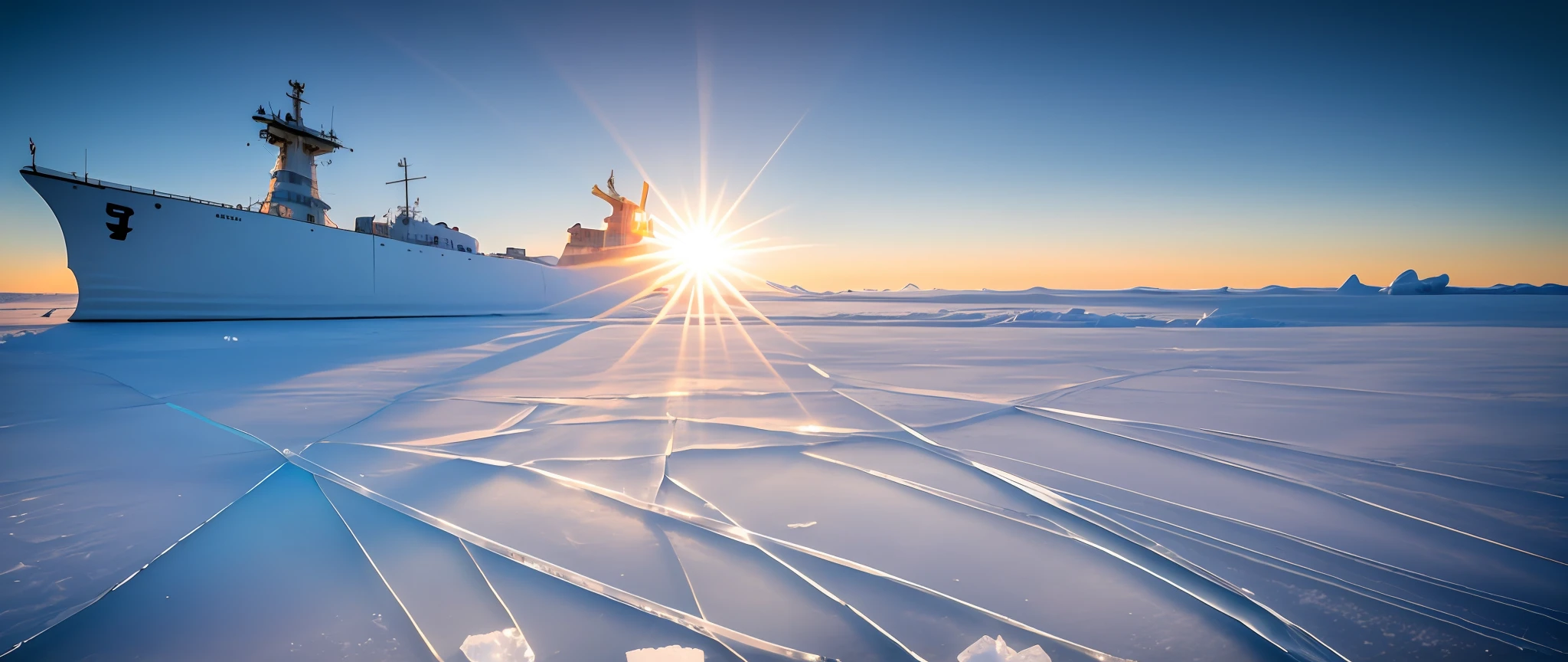 Breaking the ice, a powerful ((icebreaker)) pushing through the frozen landscape with determination, as the ice cracks and breaks under its might, (masterpiece), reflecyion, sun rays, RAW photography, higly detailed, award winning photography