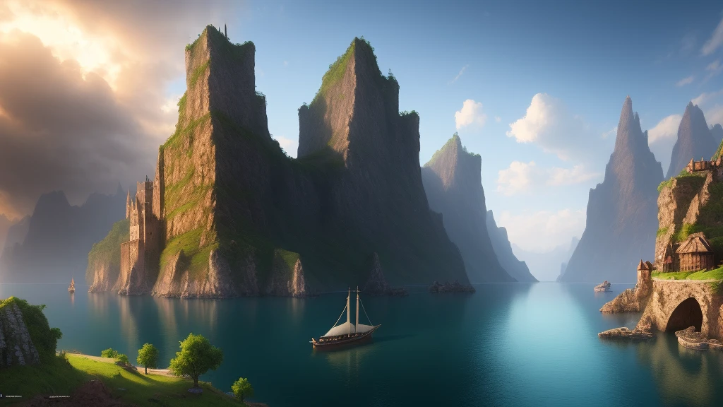 (highly detailed:1.2),(best quality:1.2),(8k:1.0),(emb-rrf-low:1.0),sharp focus,(award-winning photograph:1.2), (subsurface scattering:1.1), there is a boat that is sailing in the water near a castle, epic matte painting of an island, matte painting in fantasy style, high quality matte painting, 3 d render and matte painting, 3d rendered matte painting, highly detailed matte painting, illustration matte painting, matte painting with high detail, hyperdetailed 3d matte painting