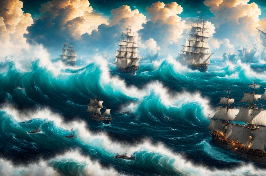 (extremely detailed CG unity 8k wallpaper, masterpiece, best quality, ultra-detailed), Flemish painting style, epic marine battle, dynamic waves, dramatic clouds, exquisite details