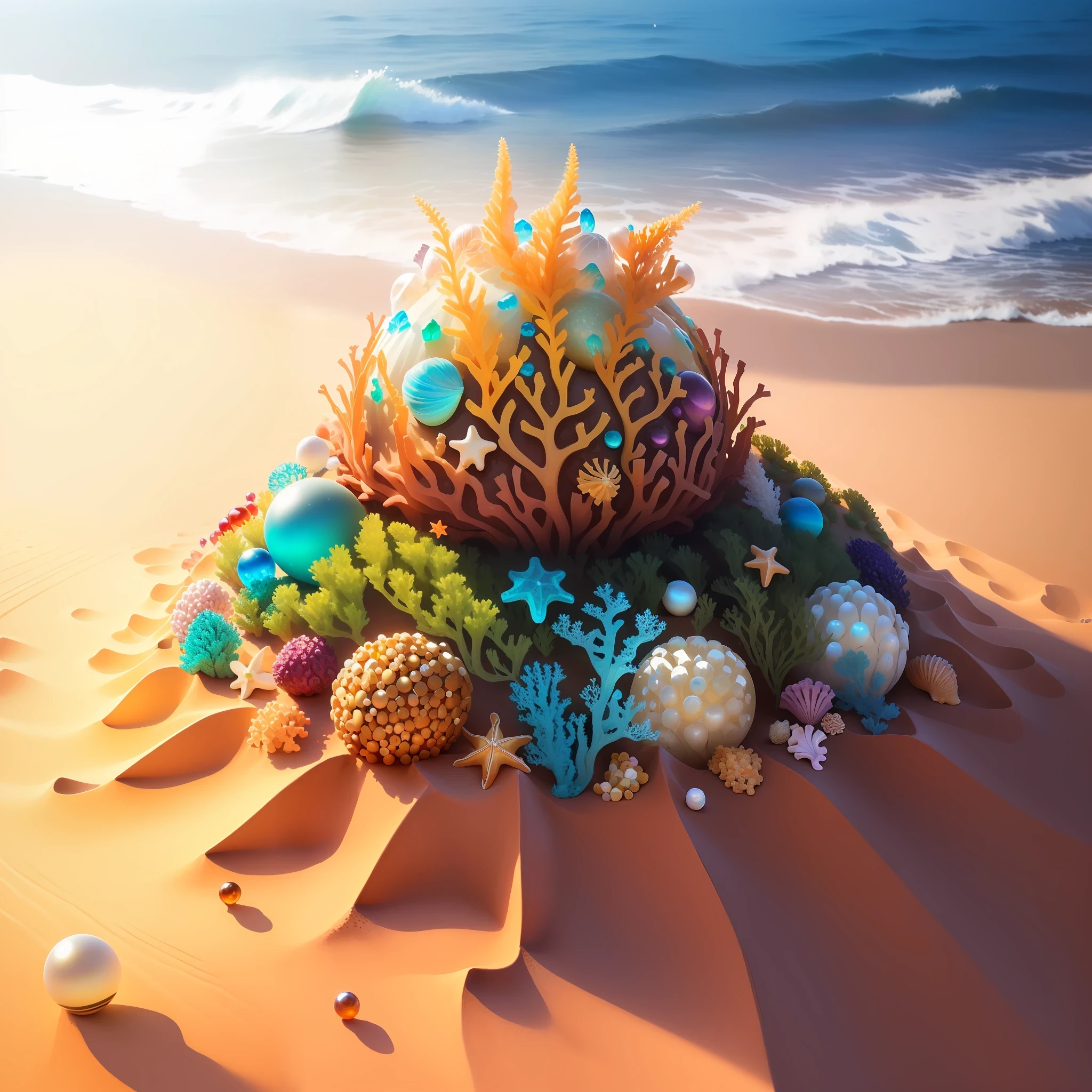 anthill, anthill made of sand grains, marbles, gems, leaves, and pearls with sea shells and sea weed