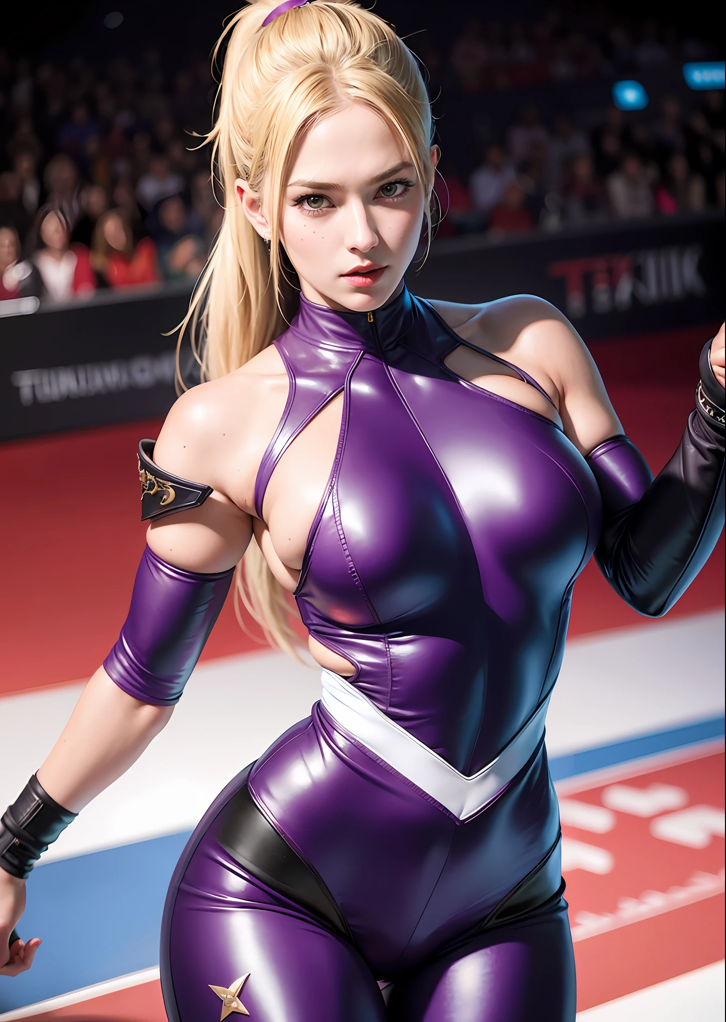 nina, thick thighs, tekken, nina williams from tekken, nina williams, tekken, cosplay nina, super heroine, sexy thighs, beautiful nina williams, beautiful face, standing, (full body), (8k, RAW photo, best quality, masterpiece:1.2), (realistic:1.3), (photorealistic:1.3), ultra-detailed, (high detailed skin:1.2), 8k uhd, dslr, soft lighting, high quality, film grain, Fujifilm XT3, best quality, beautiful lighting, blonde pony tail, tekken girl, tekken nina, tekken nina williams, tekken arena, purple tight suit