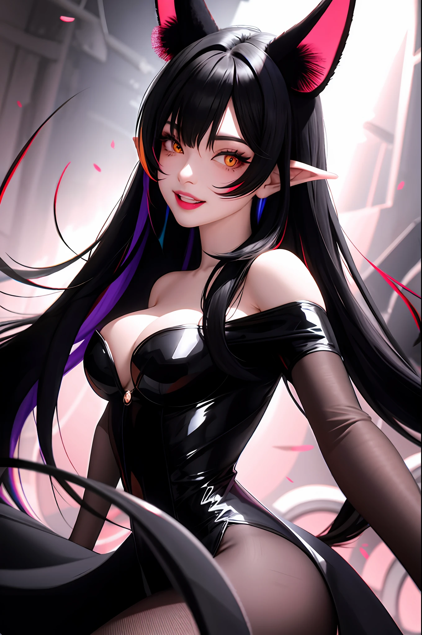black hair, hair bobbles, wince, longeyelashes, solid circle eyes, fake animal ears, light smile, ear blush, fang, multicolored hair, mole under eye, Surrealism, drop shadow, anaglyph, stereogram, tachi-e, pov, atmospheric perspective, depth of field, film grain, rococo style, 8k, super detail, ccurate, best quality