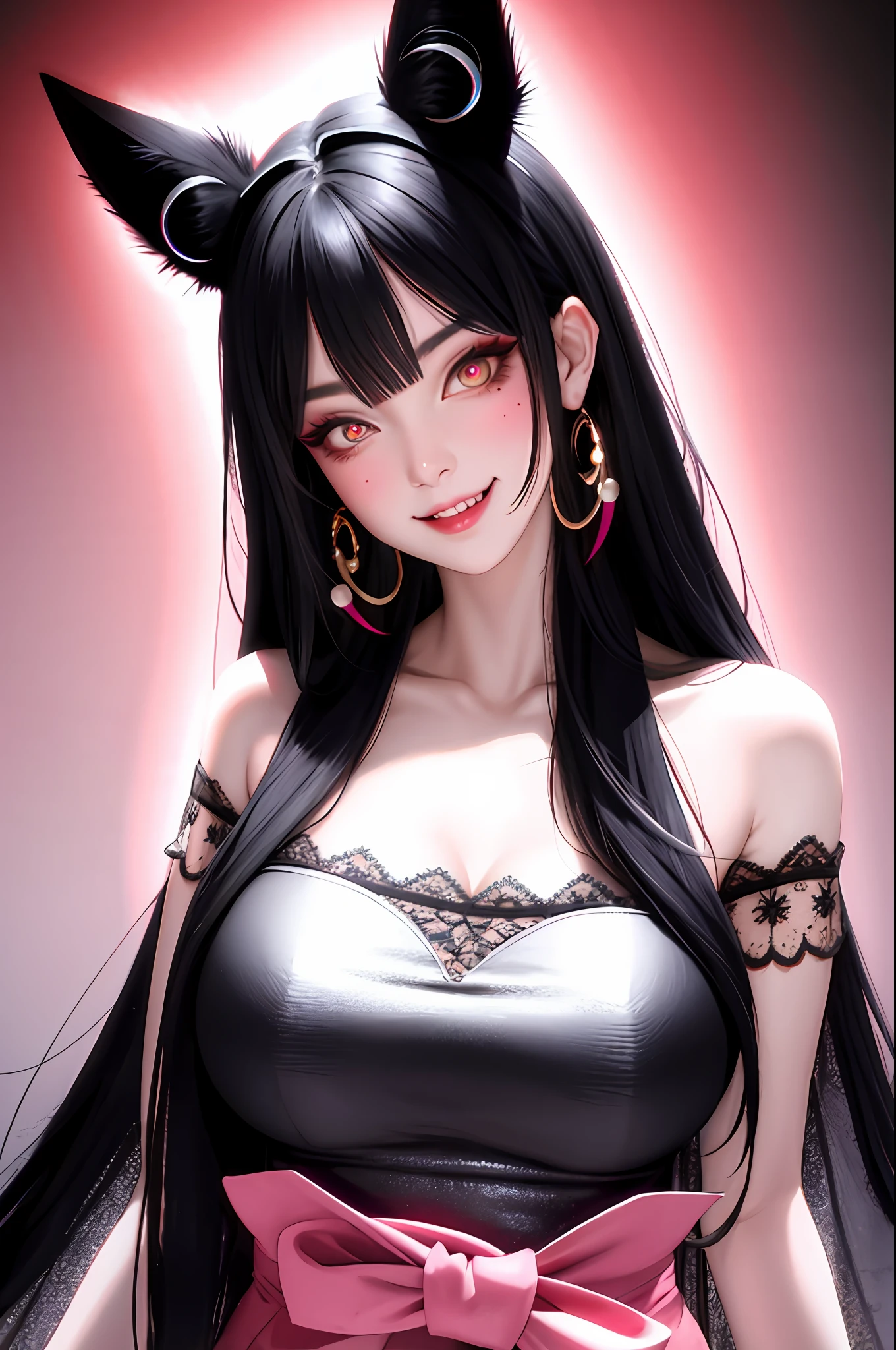 black hair, hair bobbles, wince, longeyelashes, solid circle eyes, fake animal ears, light smile, ear blush, fang, multicolored hair, mole under eye, Surrealism, drop shadow, anaglyph, stereogram, tachi-e, pov, atmospheric perspective, depth of field, film grain, rococo style, 8k, super detail, ccurate, best quality